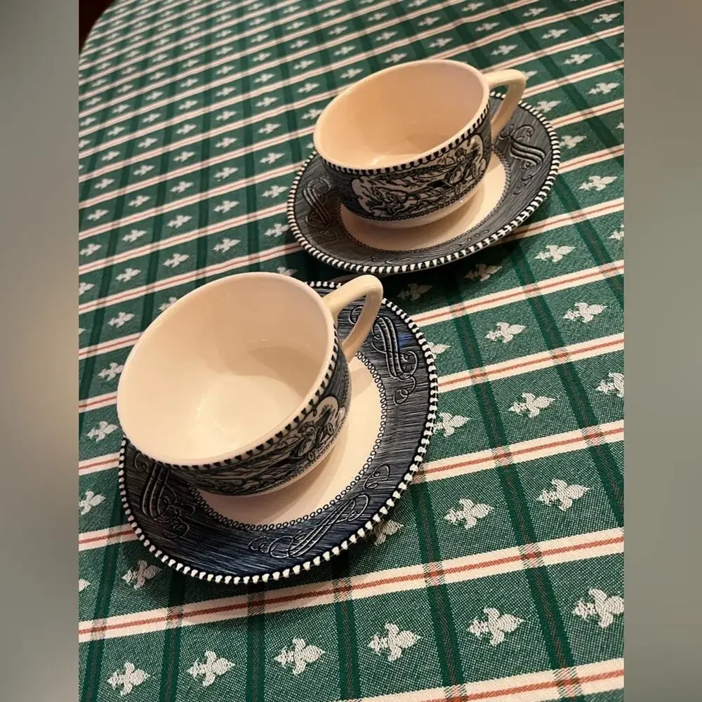 2 Currier & Ives Coffee Tea Cups Mugs and Saucers - 4 Pieces Total